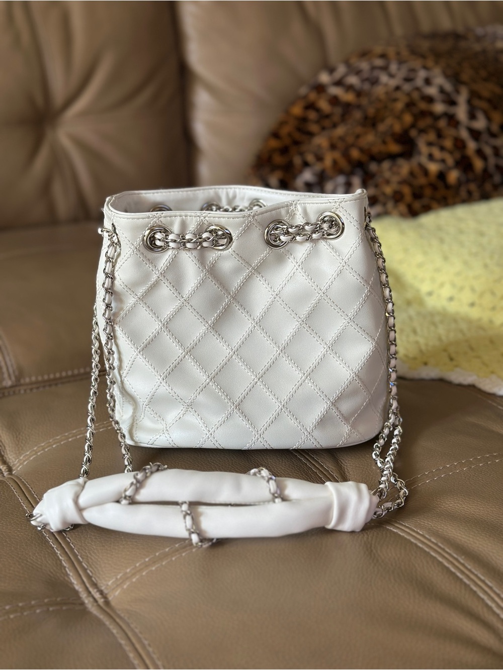 White Quilted Chain-Handle Bucket Bag by